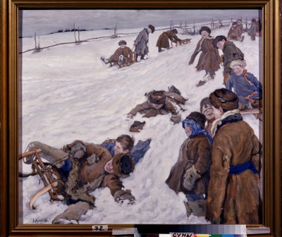 Vintersport (Vintersport). Slædescene, i en snedækket mark, varmt klædte børn, der hygger sig og griner højt. Maleri af Alexander Viktorovich (Alexander Victor) Moravov (1878-1951), olie på lærred af Alexander Viktorovich Moravov