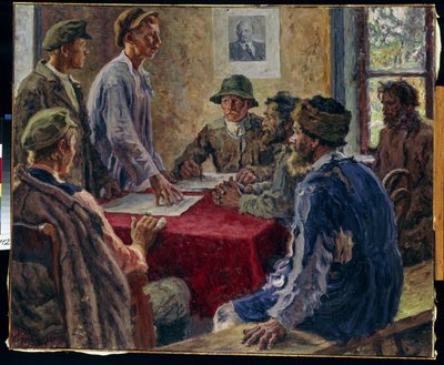 Et møde i fattigbønderudvalget i 1918 (Et møde i fattigbondeudvalget i 1918). Maleri af Alexander Viktorovich Moravov (Alexander Victor) (1878-1951), olie på lærred af Alexander Viktorovich Moravov
