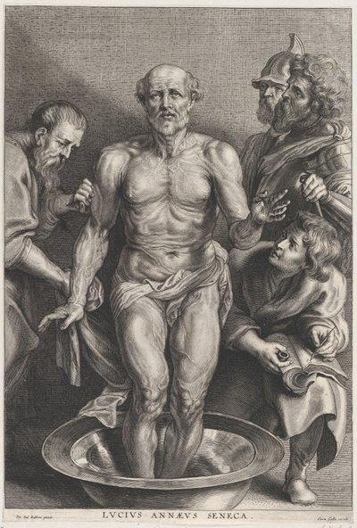 Senecas død, stående i midten med fødderne i et bassin med vand, støtte..., ca. 1655-78. af Alexander Voet