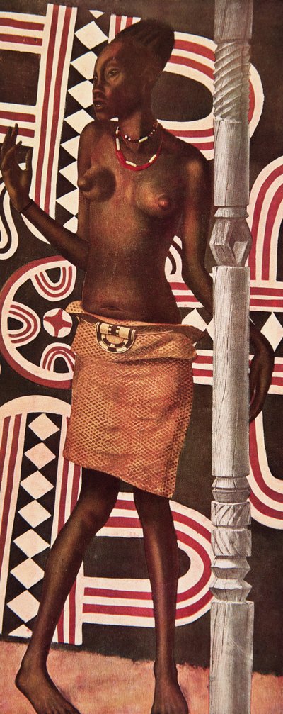 Molende, la Mangbetou, fra Drawings and Paintings of Africa, udført under Citroen Centre Afrique-ekspeditionen, anden Haardt Audouin-Dubreuil-mission, pub. Paris, 1927 af Alexander Yakovlev