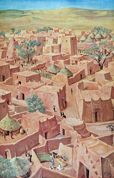 Zinder, fra Drawings and Paintings of Africa, udført under Citroen Centre Afrique-ekspeditionen, anden Haardt Audouin-Dubreuil-mission, pub. Paris, 1927 af Alexander Yakovlev