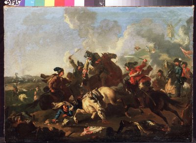 Scene fra slaget ved Poltava (eller Pultawa, Ukraine) (Scene fra slaget ved Poltava). Slaget som fandt sted den 8. juli 1709 mellem hæren af ​​Peter I af Rusland (kendt som Le Grand af Alexander von Kotzebue