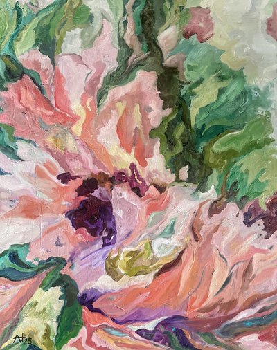 Livligt blomstermotiv i abstrakt stil af Alexandra Higgins