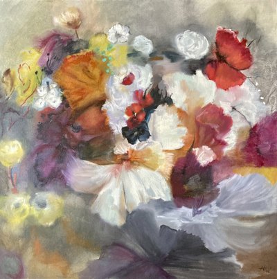 Livligt blomstermotiv i abstrakt stil af Alexandra Higgins