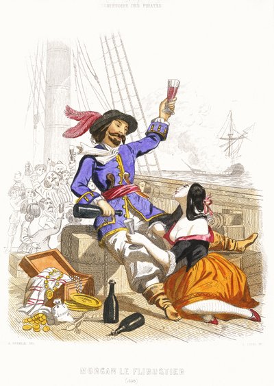 Kaptajn Henry Morgan hygger sig med vin og kvinder på ægte piratmanér, midten af det 19. århundrede (koloreret stik) af Alexandre (after) Debelle