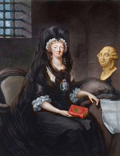 Portræt af Marie Antoinette (1755-1793) i dyb sorg i templets fængsel (eller "" Marie-Antoinette ved Conciergen, i sorg, med en cameo, vedhæng, der portrætterer Dauphinen, der bærer et liv af Mary, dronningen af Skotten , en buste af Luis XVI og Te af Alexandre (after) Kucharski