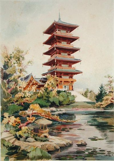 Japansk tårn i den kongelige park i Laeken, Belgien, fra Orientalisme et Architecture Contemporaine, indgraveret af Jules Adolphe Chauvet (f.1828) (se også 171915, 172965, 172990) af Alexandre Auguste Louis Marcel