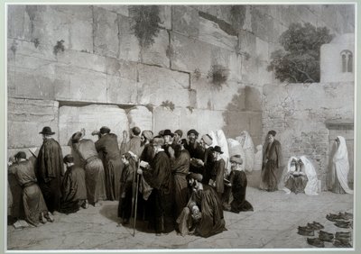 Jødedom: "" Salomons mur""" Mænd og kvinder af jødisk religion beder foran Grædemuren. Før 1857. Tegning af Alexandre Bida (1823-1895), vask, pen og blyant på papir, Dim. 0,61x0,87 m Malmaison, slottets museum af Alexandre Bida