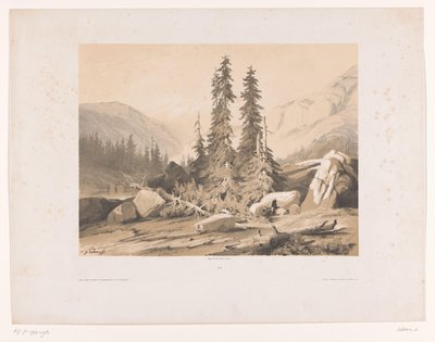 Bjerglandskab med grantræer og bjerggeder Sapins (titel på objekt) af Alexandre Calame