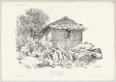 Bjælkehytte med liggende træstammer i forgrunden af Alexandre Calame