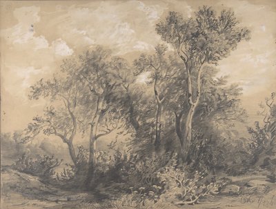 Træer recto, Soldiers in a Wood verso, tidligt til midten af 1800-tallet. af Alexandre Calame