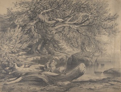 To mænd hviler ved en sø recto..., tidligt til midten af det 19. århundrede. af Alexandre Calame