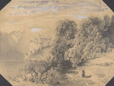 Kvinde med en hund ved en bjergsø, tidligt til midten af 1800-tallet. af Alexandre Calame