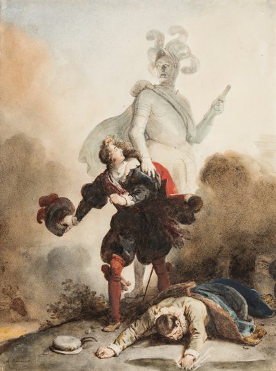 Don Juan og Leporello møder statuen af ​​kommandøren på kirkegården (grafit, pen og brunt blæk med akvarel på papir, forhøjet med gummi arabicum) af Alexandre Evariste Fragonard
