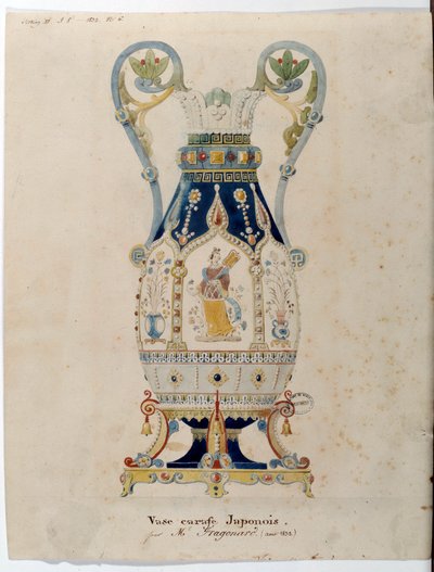 Japansk karaffelvase akvarel af Alexandre Evariste Fragonard (1780-1850) 1832 Sevres. Porcelænsfremstilling af Alexandre Evariste Fragonard