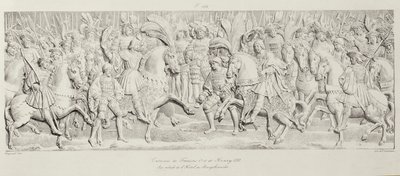 Møde mellem Francois I og Henrik VIII på Guldklædets Mark efter det udskårne stenrelief i Hotel de Bourgtheroulde, Rouen, Normandiet, 1501-37, graveret af Godefroy Engelmann (1788-183) af Alexandre Evariste Fragonard