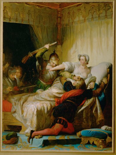 Scenen for massakren på Sankt Bartholomæus i dronningen af Navarras soveværelse ... af Alexandre Evariste Fragonard