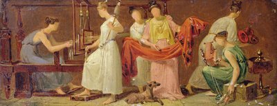 Seks kvinder, der væver i et interiør (olie på papir lagt på panel) af Alexandre Evariste Fragonard