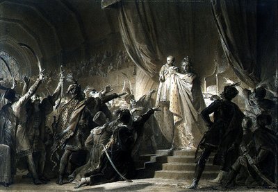 Kejserinde Maria-Theresa (1717-80) præsenterer den fremtidige Joseph II for Magnaterne i Ungarn (grafit, sepia-vaske med blæk og gouache på papir) af Alexandre Evariste Fragonard