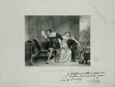 Brevscenen fra operaen Barberen i Sevilla af Rossini, graveret af Villain de Sevres af Alexandre Evariste Fragonard