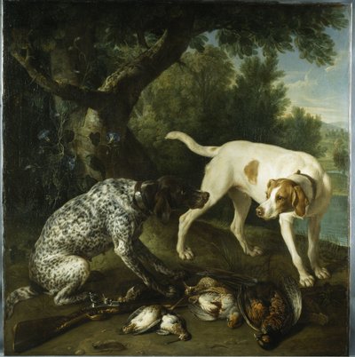 To pointere tilhørende den 3. jarl af Burlington med dødt vildt i et landskab af Alexandre Francois Desportes