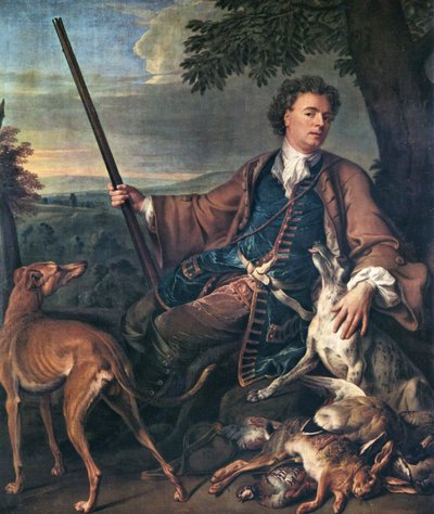 Fransk: Portrait de M. Desportes peint par lui-même avec du gibier mort à ses pieds (Portræt af kunstneren som jæger) Selvportræt i jagtdragt af Alexandre Francois Desportes