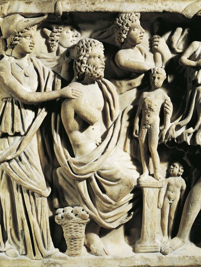 Marmorsarkofag, Relief, der skildrer Prometheus-myten, Detalje, Athena hjælper Prometheus, mens han skaber mennesker, Fra Arles af Nicolas Toussaint Charlet