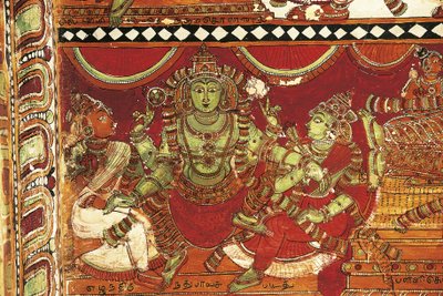 Visnu, detaljer fra fresker, der skildrer Shivas liv i helligdommen for Parvati, Nataraya-templet, Chidambaram, Tamil Nadu, Indien, 5. århundrede af Nicolas Toussaint Charlet