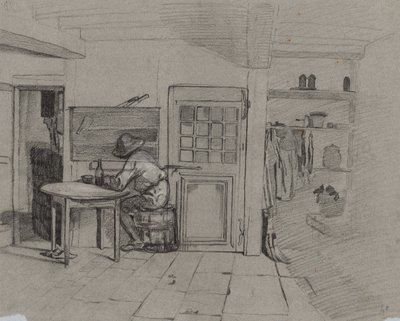 Et stuehusinteriør med en dreng ved et bord, ca. 1846. af Alexandre Gabriel Decamps