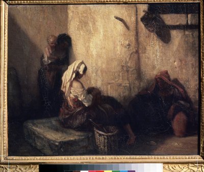 ""Gadescene i Italien"" (italiensk gadescene) Skygger af tre kvinder, nogle mødre og sandsynligvis markedssælgere, i en mørk gyde. I midten afluser en kvinde sandsynligvis et barn (afluser). Maleri af Alexandre Gabriel Decamp af Alexandre Gabriel Decamps