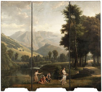 Et arkadisk landskab med jomfruer, der samler blomster ved en flodbred, et slot på en bakketop bagved, 1801 af Alexandre Hyacinthe Dunouy