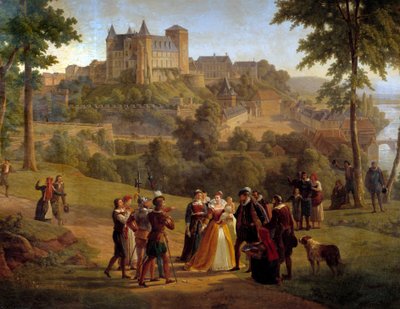 Udsigt over slottet Pau, hvor Henrik IV blev født, taget fra den store park. Detalje, der repræsenterer en gruppe mennesker, der sandsynligvis består af Jeanne d