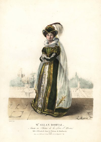 Marie Dorval eller Madame Allan Dorval som Dronning Elisabeth i Le Chateau de Kenilworth af Jean-Baptiste Blache og Henri Lemaire, Theatre de la Porte St. Martin af Alexandre Marie Colin