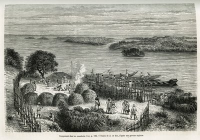 Lejren befæster ekspeditionen for at beskytte sig mod kannibalerne Mouana Ntaba, nær floden Leopold (Congo), tegnet af A.De Bar, for at illustrere historien "Over det mystiske kontinent", en rejse foretaget mellem 1874-1877, af Sir HM Stanley. Engravin af Alexandre de (after) Bar