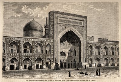 Indvendig gårdhave i moskeen af Imam Aly Riza a Mashhad, tegning af A. de Bar, for at illustrere rejsen til Khorasan (Khorasan, Chorasan eller Khurasan) i 1858, af N. de Khanikof. Stik i “” Le tour du monde”” 1861. Selvas samling. af Alexandre de (after) Bar
