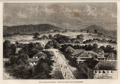 Rue et barack de Freetown, Sierra Leone, gravering efter tegningen af A. de Bar, der illustrerer rejsen til Côte d