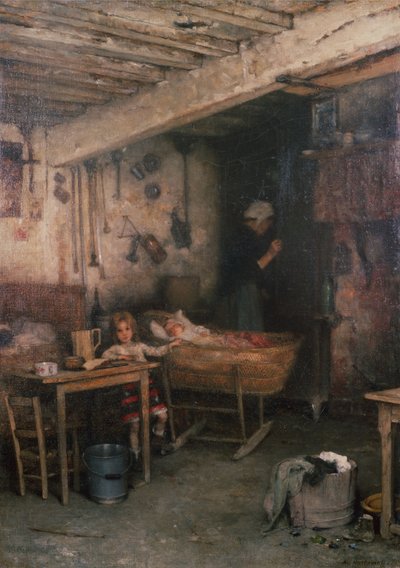 Børn i et sommerhus interiør (olie på lærred) af Alexei Alexevich Harlamoff