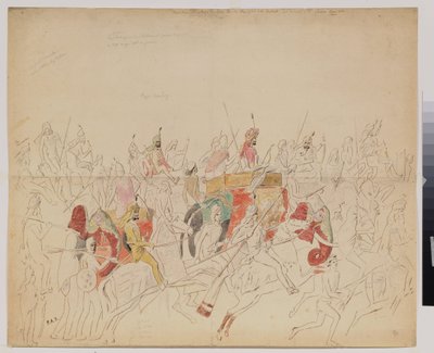 Maharaja Sher Singh (1807-1843) fra Punjab (Indien) og hans hof. Værk af Alexei Dmitrievich Saltykov (1806-1859), akvarelblyant og blæk på papir af Alexei Dmitrievich Saltykov
