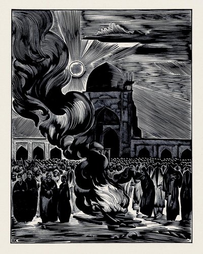Befrielsen af muslimske kvinder. Burning the Veil, 1928 af Alexei Ilyich Kravchenko