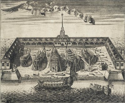 Udsigt over Admiralitetsskibsværftet i St. Peterburg, 1717 af Alexei Ivanovich Rostovtsev