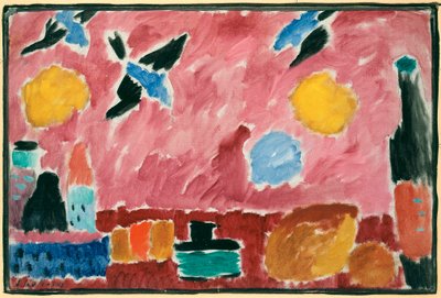 Med rødt svalemønstret tapet - Maleri af Alexei von Javlensky (1864-1941), olie på pap af Alexej von Jawlensky