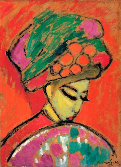 Ung pige med en blomstret hat - Maleri af Alexei von Javlensky (1864-1941) olie på pap, 67,5x49 cm af Alexej von Jawlensky