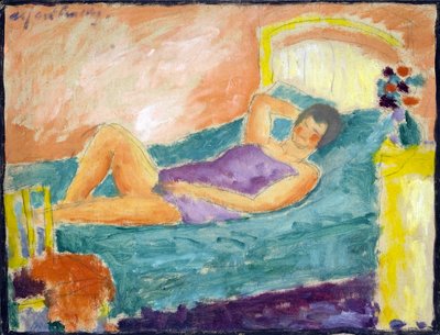 Pigen lægger sig. (Den liggende pige). Værk af Alexei von Javlensky (Alexi von Jawlensky, Alexej von Javlenski) (1864-1941). olie på pap af Alexej von Jawlensky