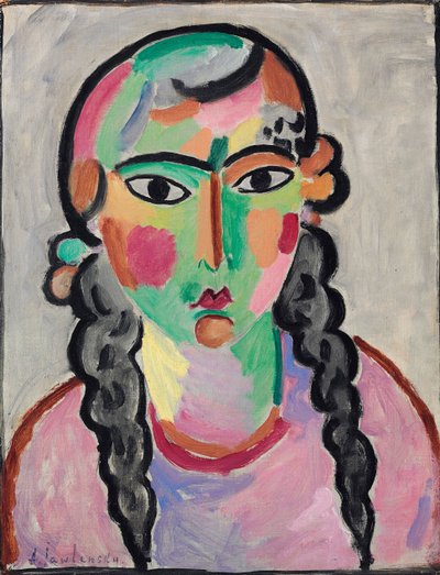 La fille pale aux tresses grises - The Pale Girl with Grey Pigtails, af Alexej von Jawlensky (Javlensky) (1864-1941). Olie på papir, ca. 1916. Mål : 63,5x49,5 cm. Privat samling af Alexej von Jawlensky
