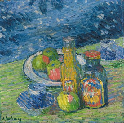 Stilleben med flasker og frugt af Alexej von Jawlensky