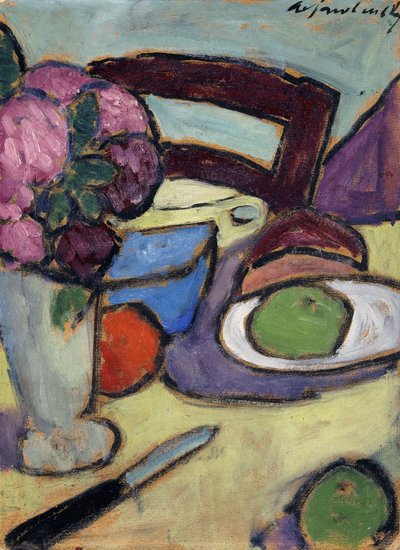 Stilleben med stol og buket; Stilleben med stol og blomstergade, 1906 af Alexej von Jawlensky