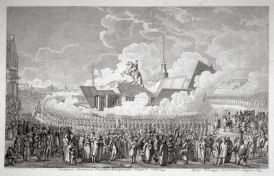 Åbning af rytterstatuen af Peter den Store på Senatspladsen St. Petersborg i 1782, tidligt 1. af Alexey Kupriyanovich Melnikov