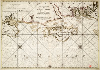 Kort over den engelske kyst, Isle of Wight og havnen i Portsmouth af Alexis Hubert Jaillot