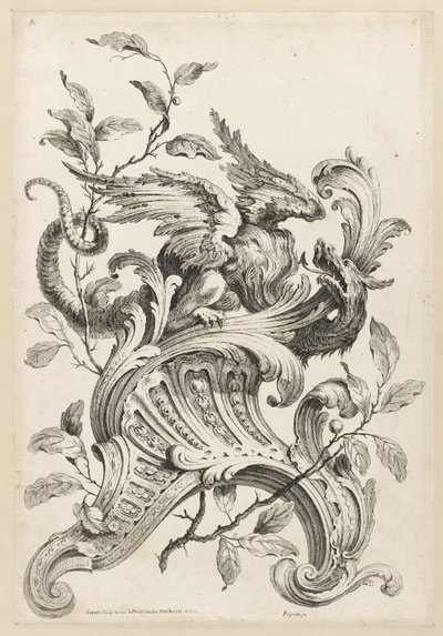 Winged Griffon på en Rocaille -beslag, fra Premiere Partie Diverse Ornements af Alexis Peyrotte