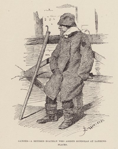Ganzer, en pensioneret bådsmand, der hjælper gondoler ved landingssteder (gravering) af Alezzandro Zezzos